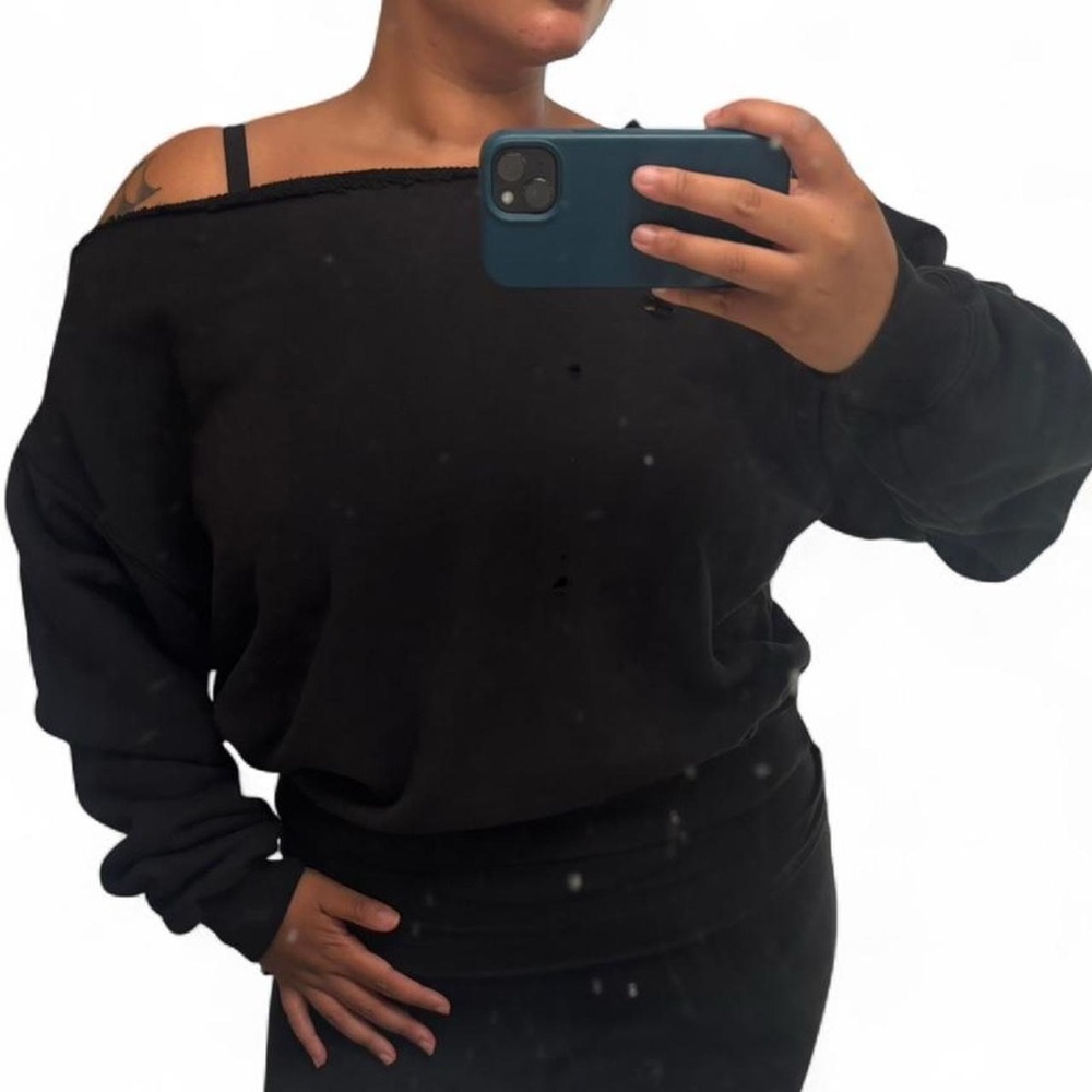 Los Angeles Apparel Distressed Off-Shoulder Black Crewneck